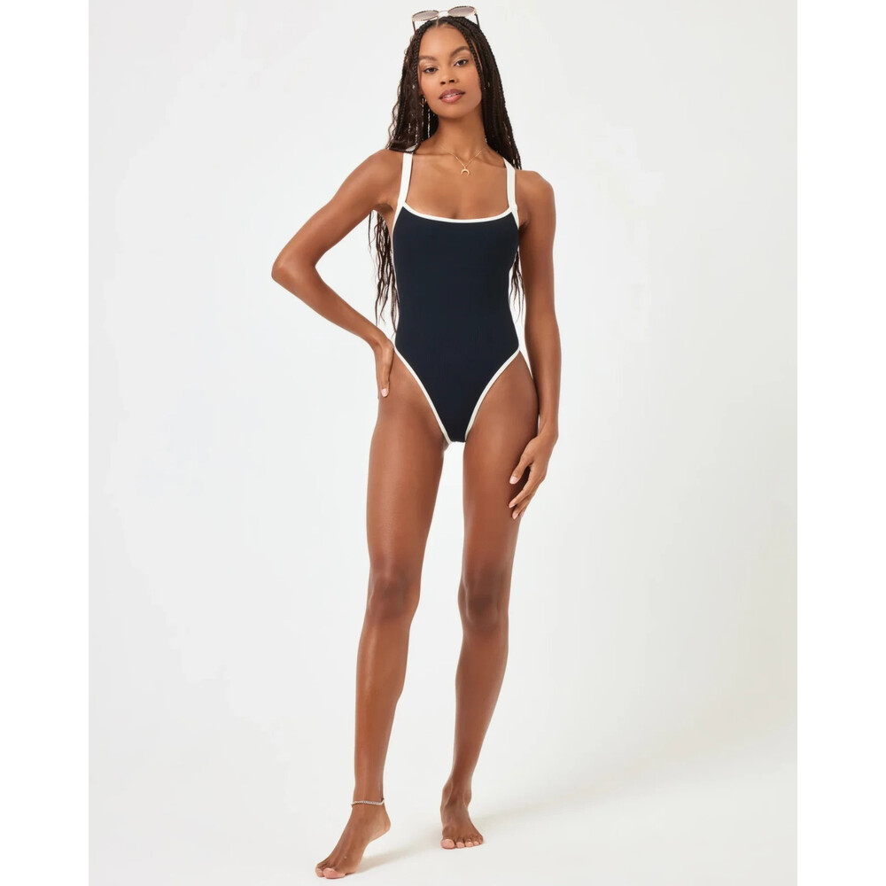 L*Space Baewatch Swimsuits Women's Large Black Stretch Ribbed One Piece Red287 — image 6 of 8